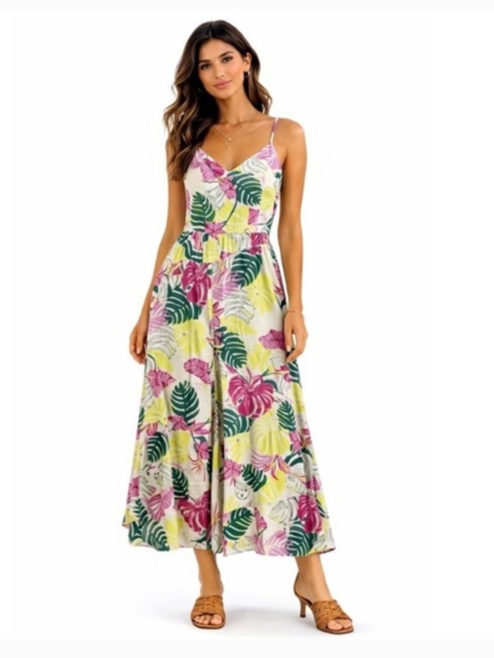 Nicole Miller Linen Blend Tropical Wide Leg Jumpsuit Overalls Size Medium - Picture 2 of 14